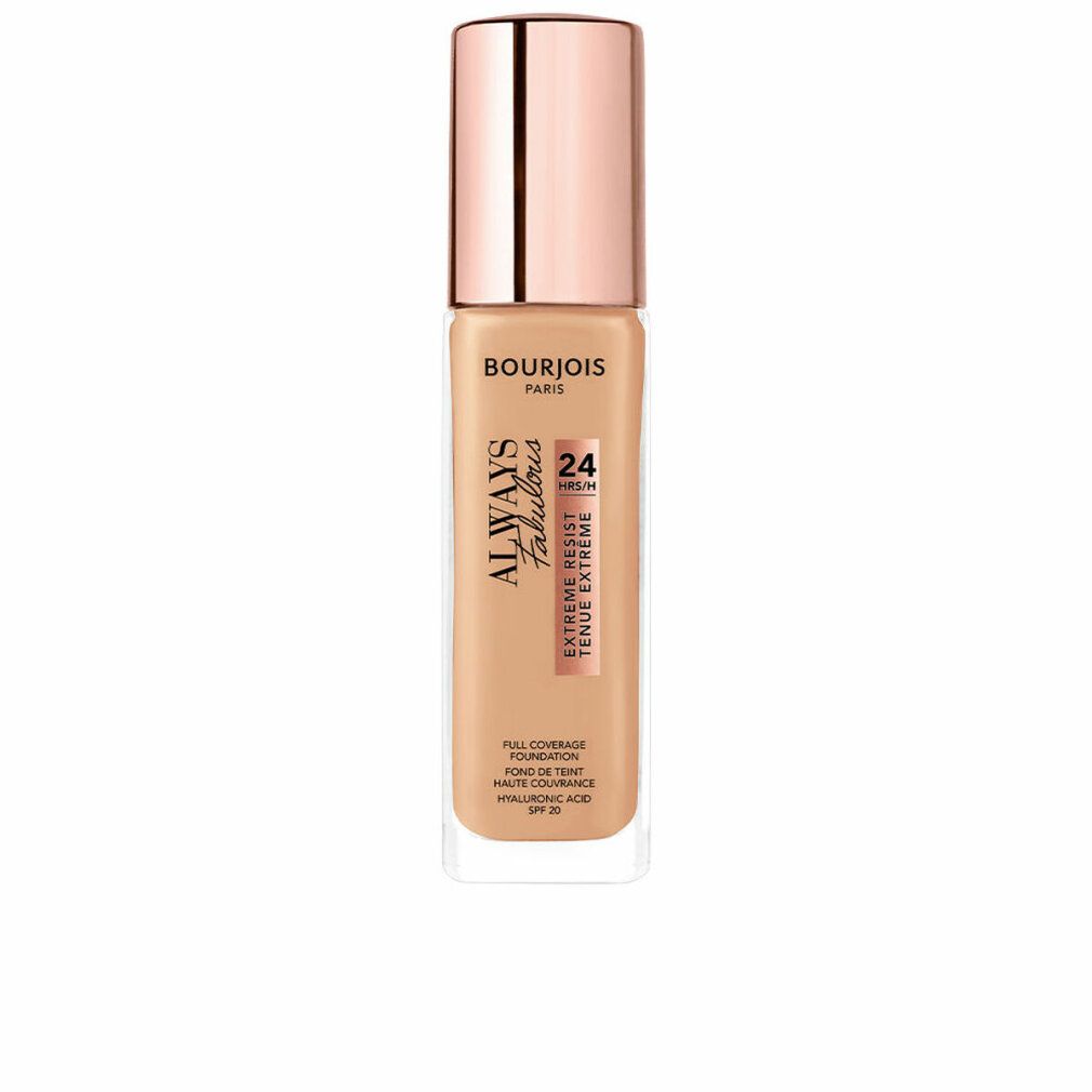 Fondotinta Bourjois Always Fabulous. Flacone con liquido beige chiaro e tappo oro rosa. Testo: Always Fabulous, 24H, SPF 20.