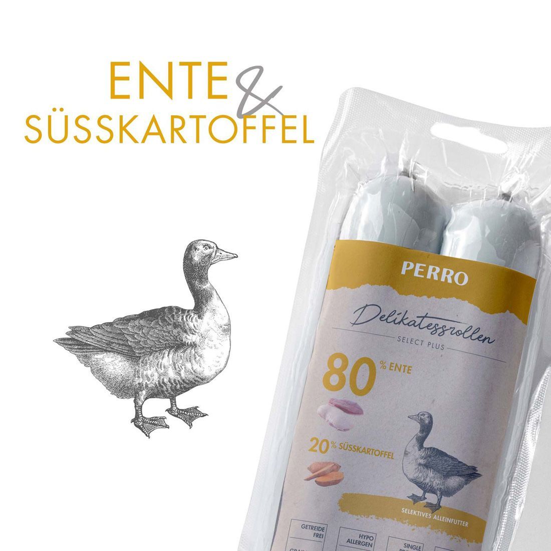 Confezione con due rotoli di cibo umido. Stampa: PERRO Delikatessrollen, Anatra & Patata dolce, 80% Anatra.