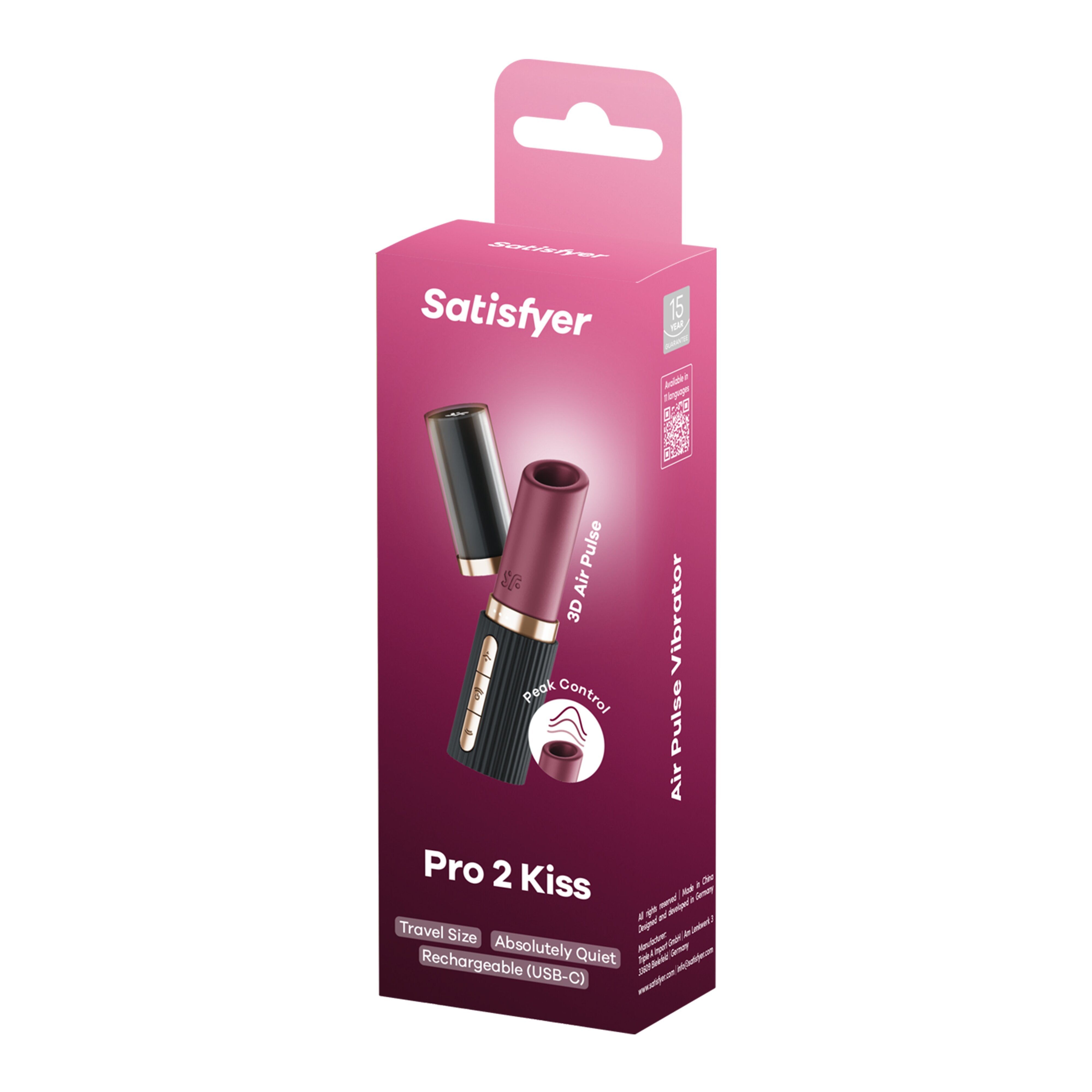 Confezione con immagine del prodotto. Scatola rosa con prodotto, nome del prodotto, marchio Satisfyer e caratteristiche.