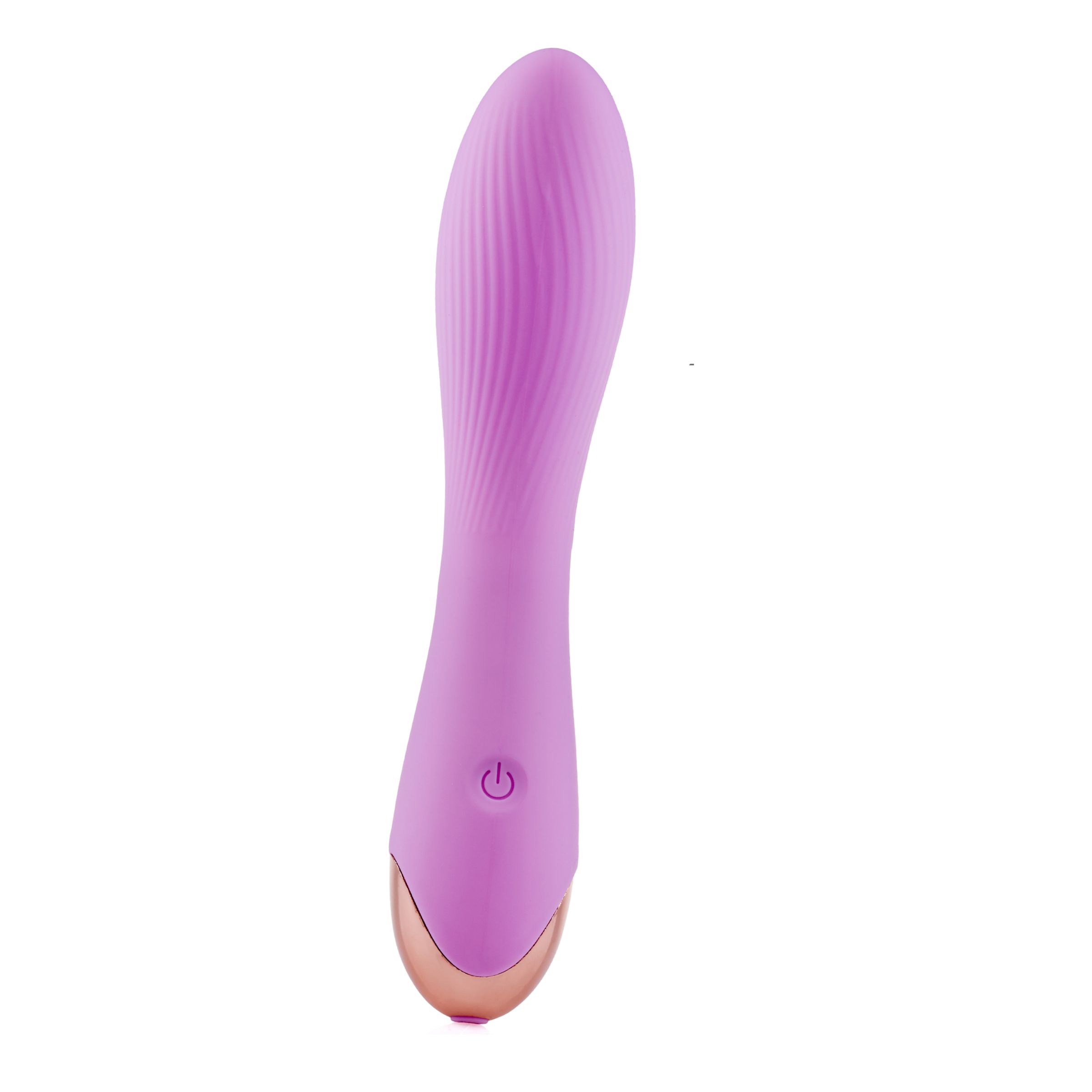 Vibratore viola con superficie ondulata ed estremità dorata. Con pulsante di accensione/spegnimento.