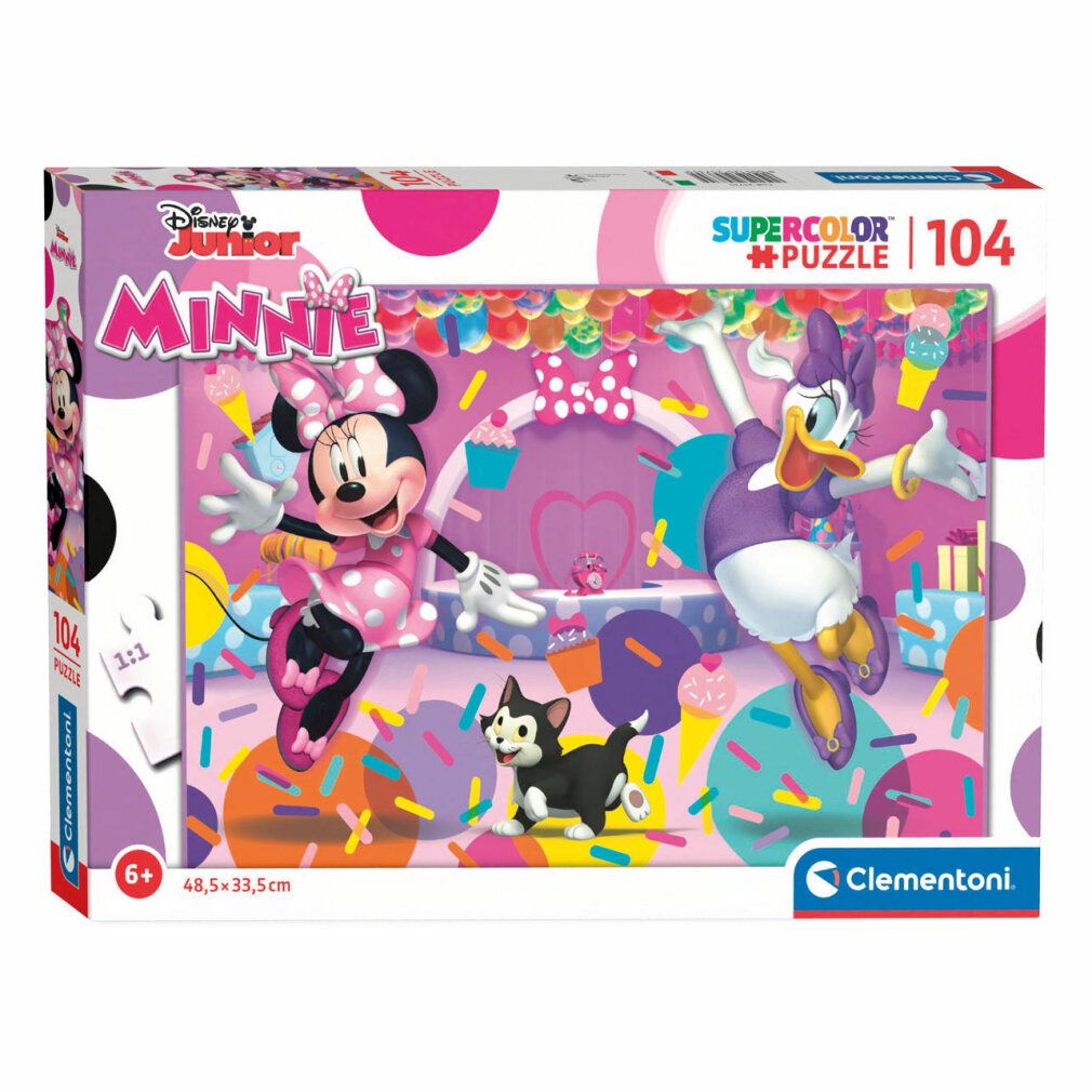 Puzzle Clementoni Minnie Mouse. 104 pezzi. Confezione con Minnie, Daisy e gatto. Dimensioni: 48,5 x 33,5 cm. Età: 6+