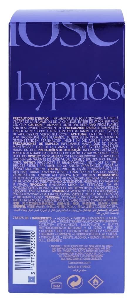 Retro della confezione blu Lancôme Hypnôse. Testo con ingredienti e precauzioni.