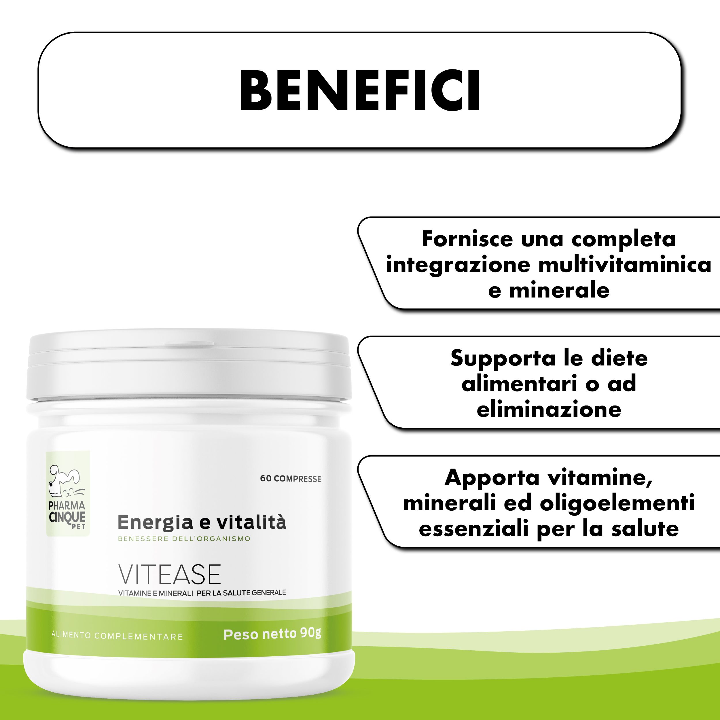 Barattolo bianco con etichetta verde. Testo: VITEASE, Energia e vitalità. Benefici: integrazione multivitaminica e minerale.