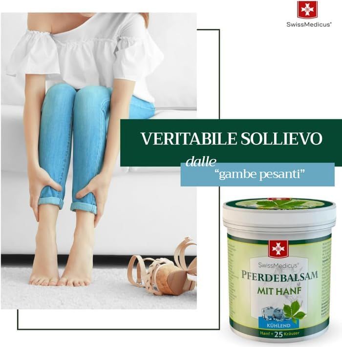 Persona tiene le gambe. Accanto: SwissMedicus Pferdebalsam mit Hanf. Testo: Vero sollievo dalle "gambe pesanti".