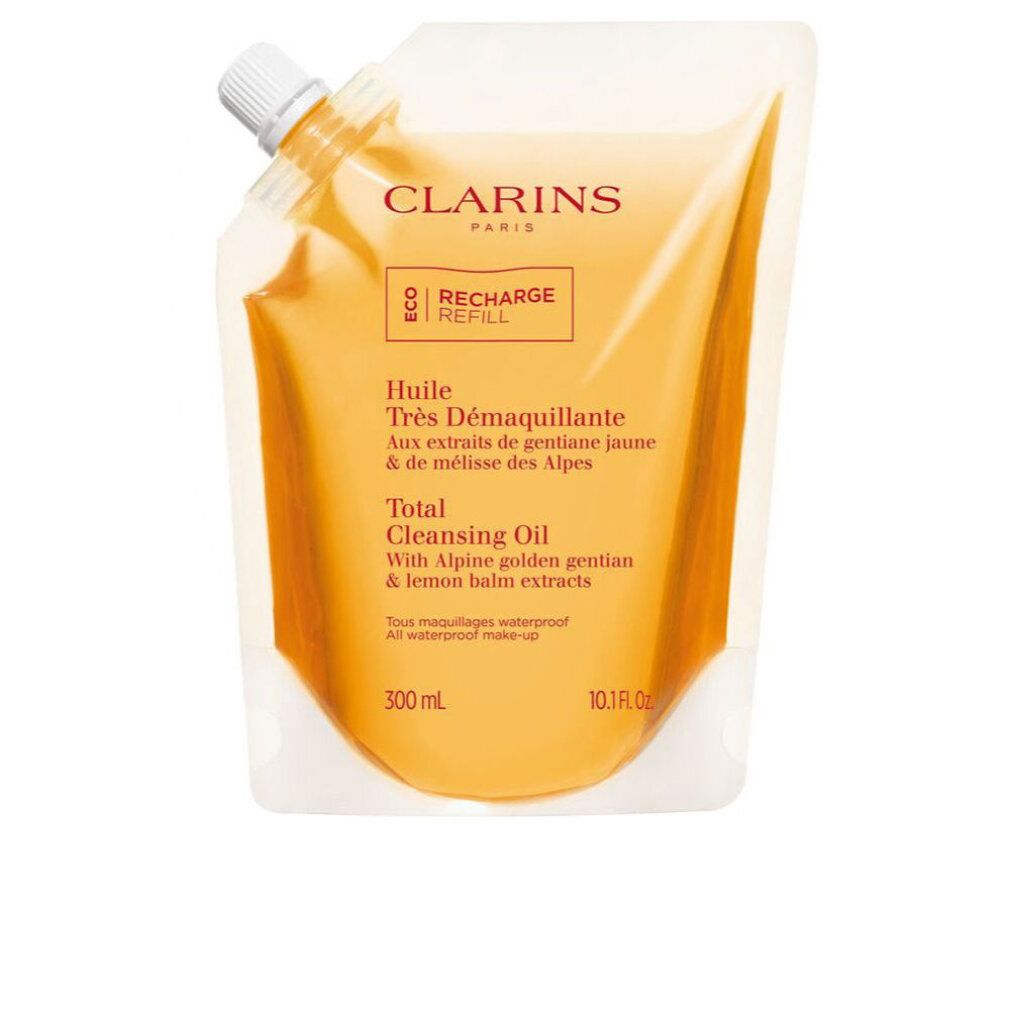 Ricarica olio struccante. Liquido chiaro e giallastro in busta con tappo a vite. Marchio: Clarins.