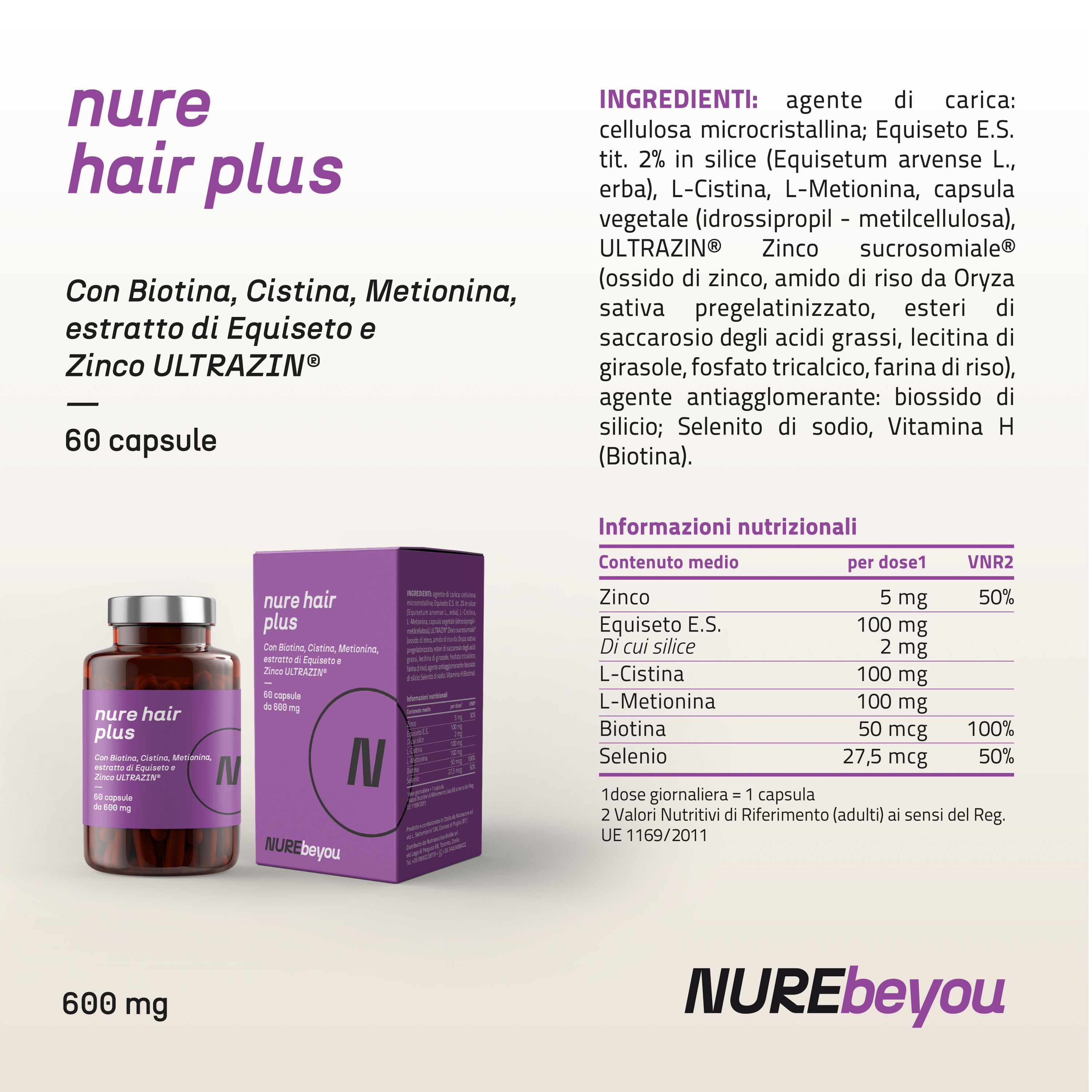 NURE Hair Plus 60 cps da 600 mg | Integratore capelli forti e sani, integratore capelli donna, uomo