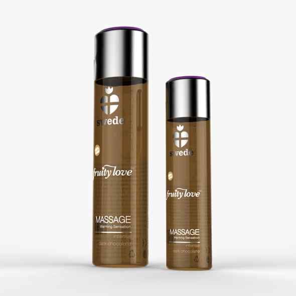 Due flaconi marroni con tappi argentati. Scritte: swede, fruity love, Massage.