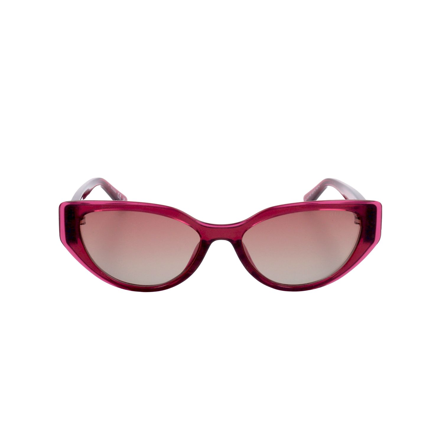 Occhiali da sole grigio scuro, lenti rosa, montatura argentata.