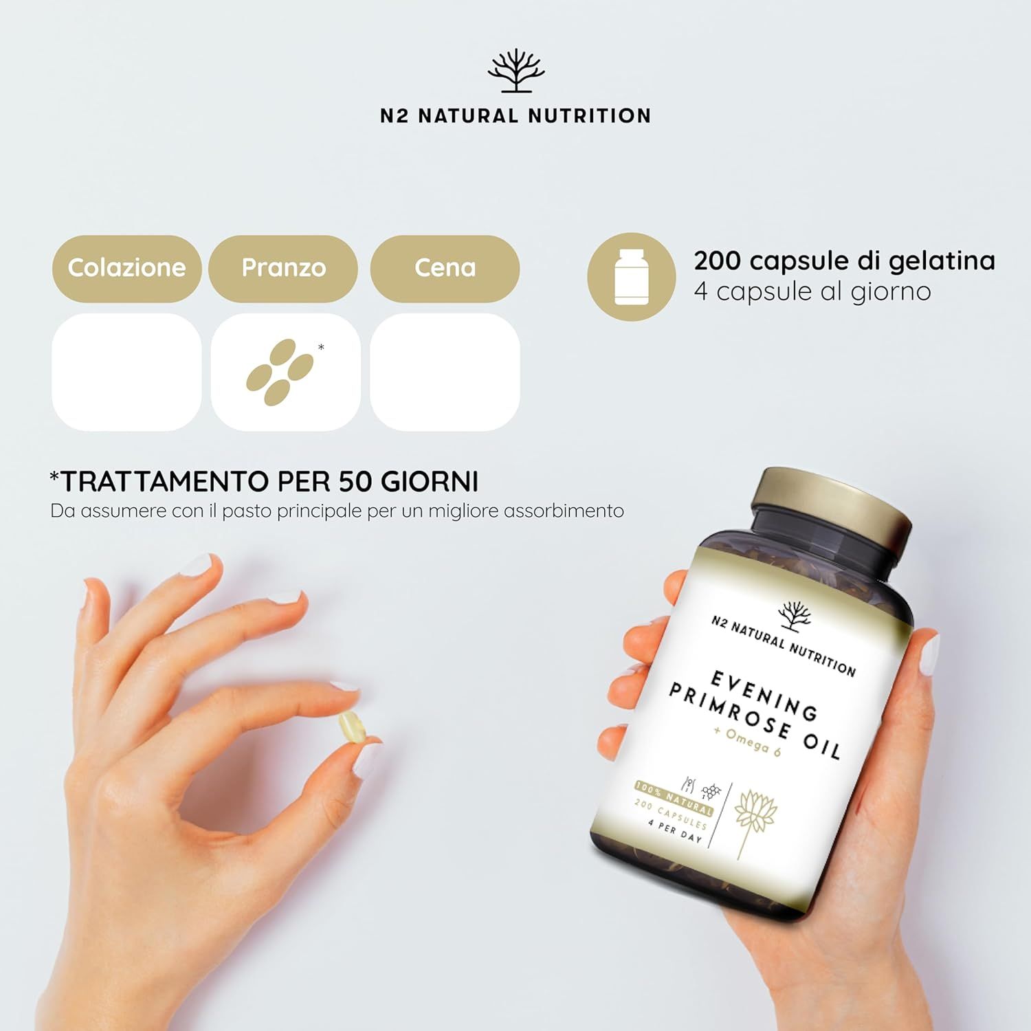 Mani che tengono una capsula e un flacone. Flacone: Evening Primrose Oil + Omega 6. 200 capsule, 4 al giorno. Per 50 giorni.