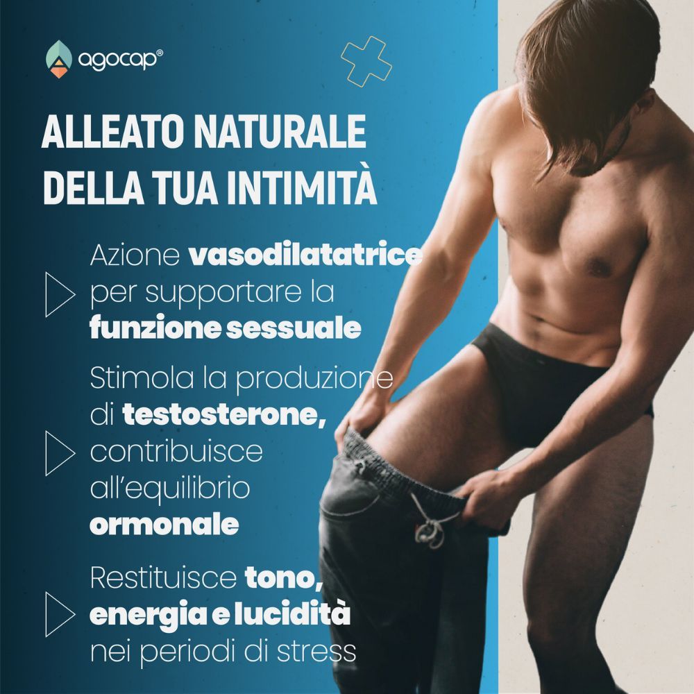 Uomo che si toglie i pantaloni. Testo: Alleato naturale della tua intimità. Supporta la funzione sessuale. Stimola il testosterone.