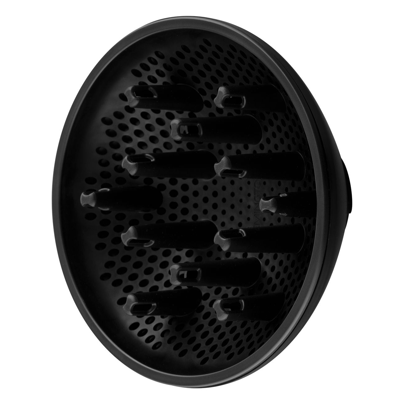 Diffusore nero per asciugacapelli con molti piccoli fori.