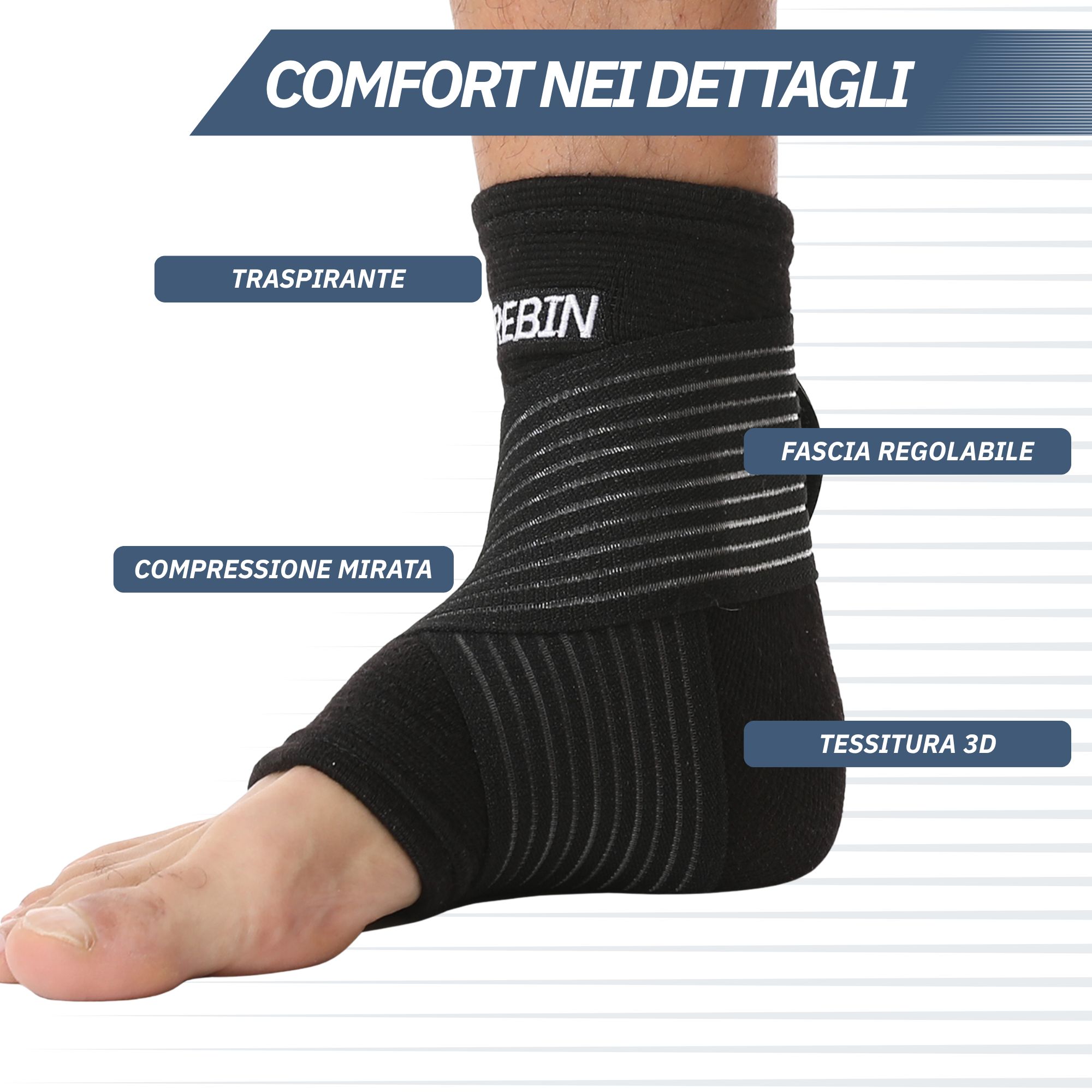 Fascia nera per caviglia con fascia regolabile in velcro e tessitura 3D.