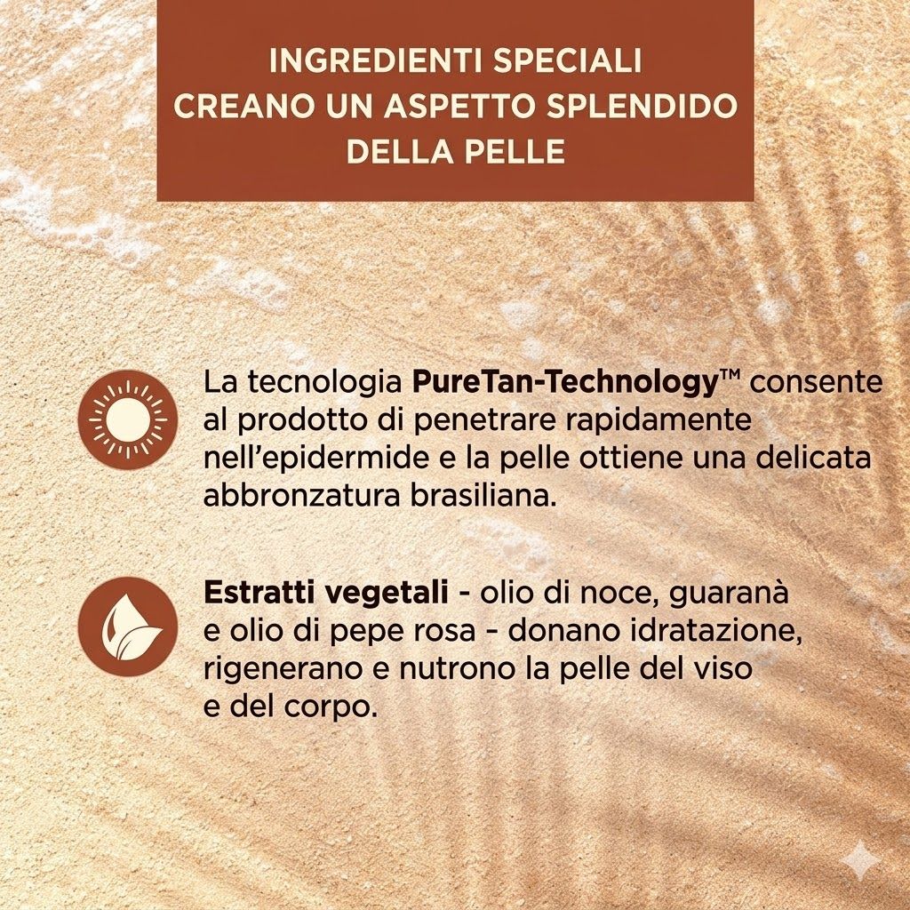Testo sugli ingredienti dello spray autoabbronzante: tecnologia PureTan, estratti vegetali (olio di noci, guaranà, pepe rosa).