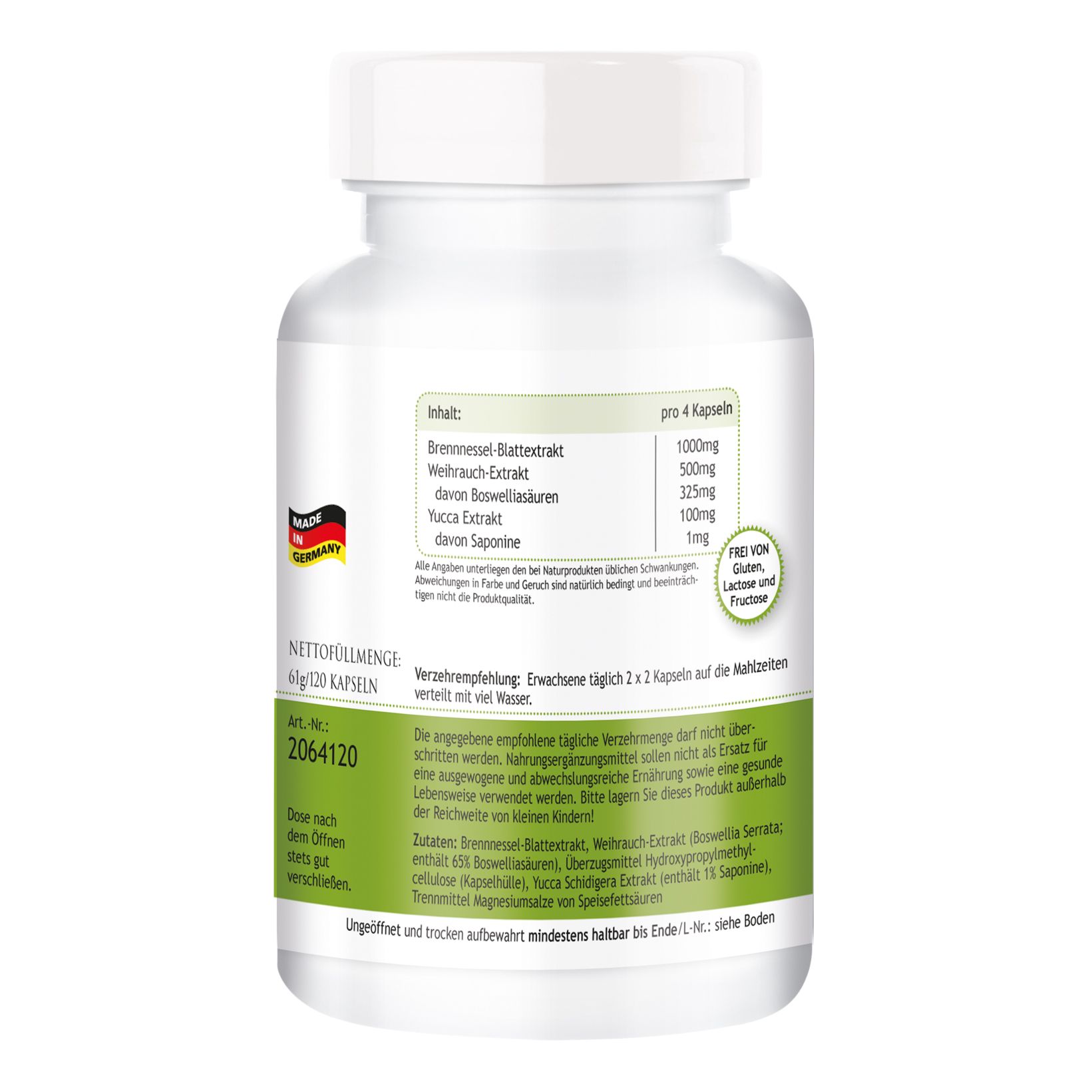 Flacone di pillole bianco, retro con etichetta. Ingredienti, informazioni nutrizionali, raccomandazioni per l'uso. Sigillo: Made in Germany. 120 capsule.