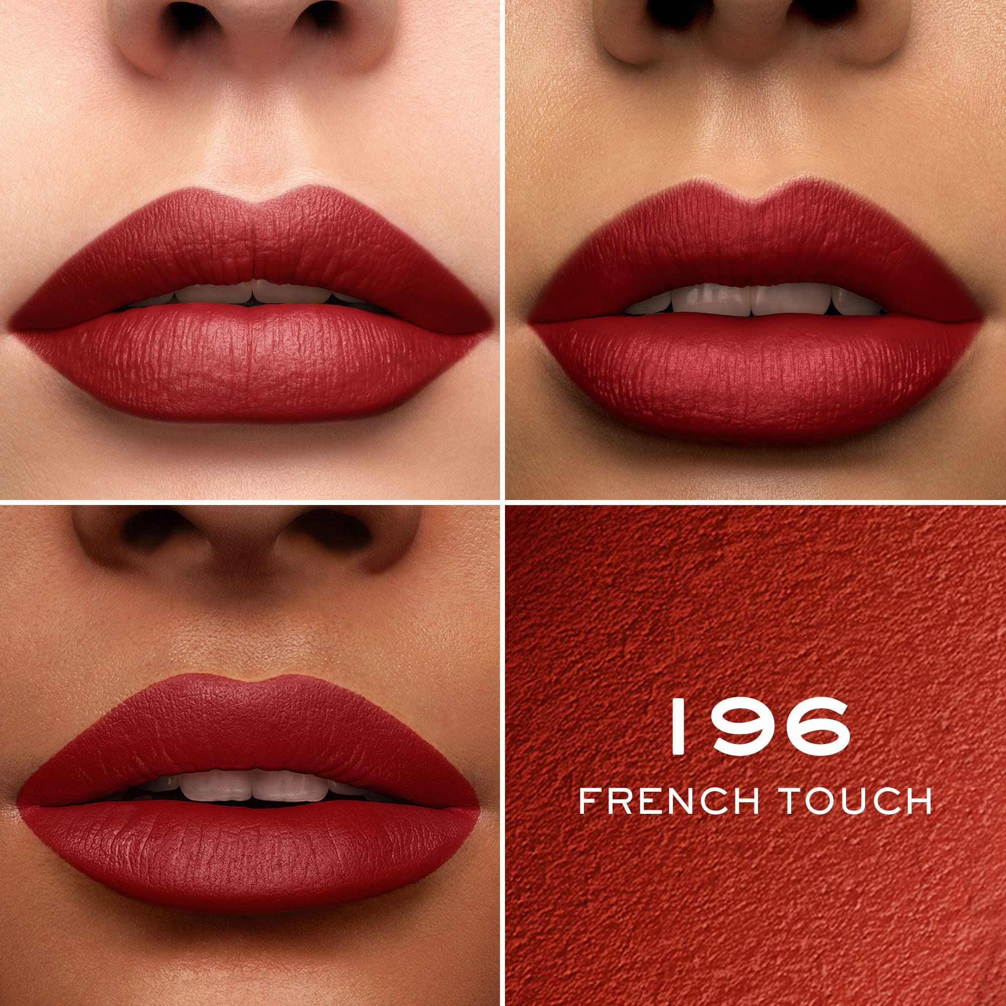 Quattro primi piani di labbra che indossano rossetto rosso. Su una superficie rossa, il numero 196 e il testo FRENCH TOUCH.