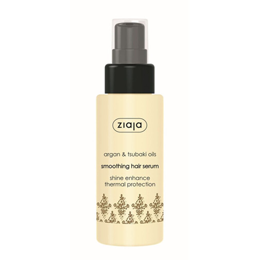 Flacone beige con erogatore nero. Scritta: ZIAJA, oli di argan e tsubaki, siero lisciante per capelli, protezione termica.