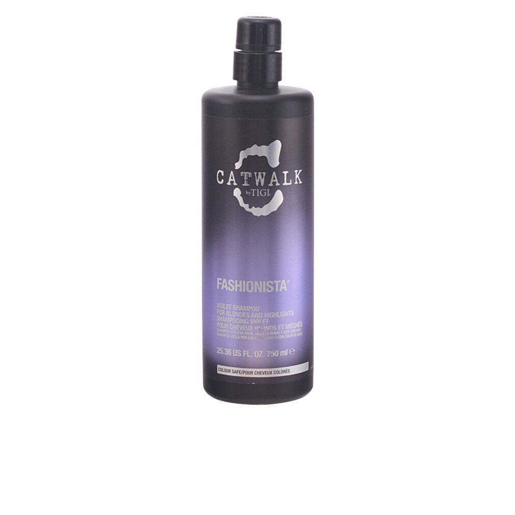 Flacone nero con scritta CATWALK TIGI FASHIONISTA. Sfumatura viola. Testo: VIOLET SHAMPOO. Tappo nero.