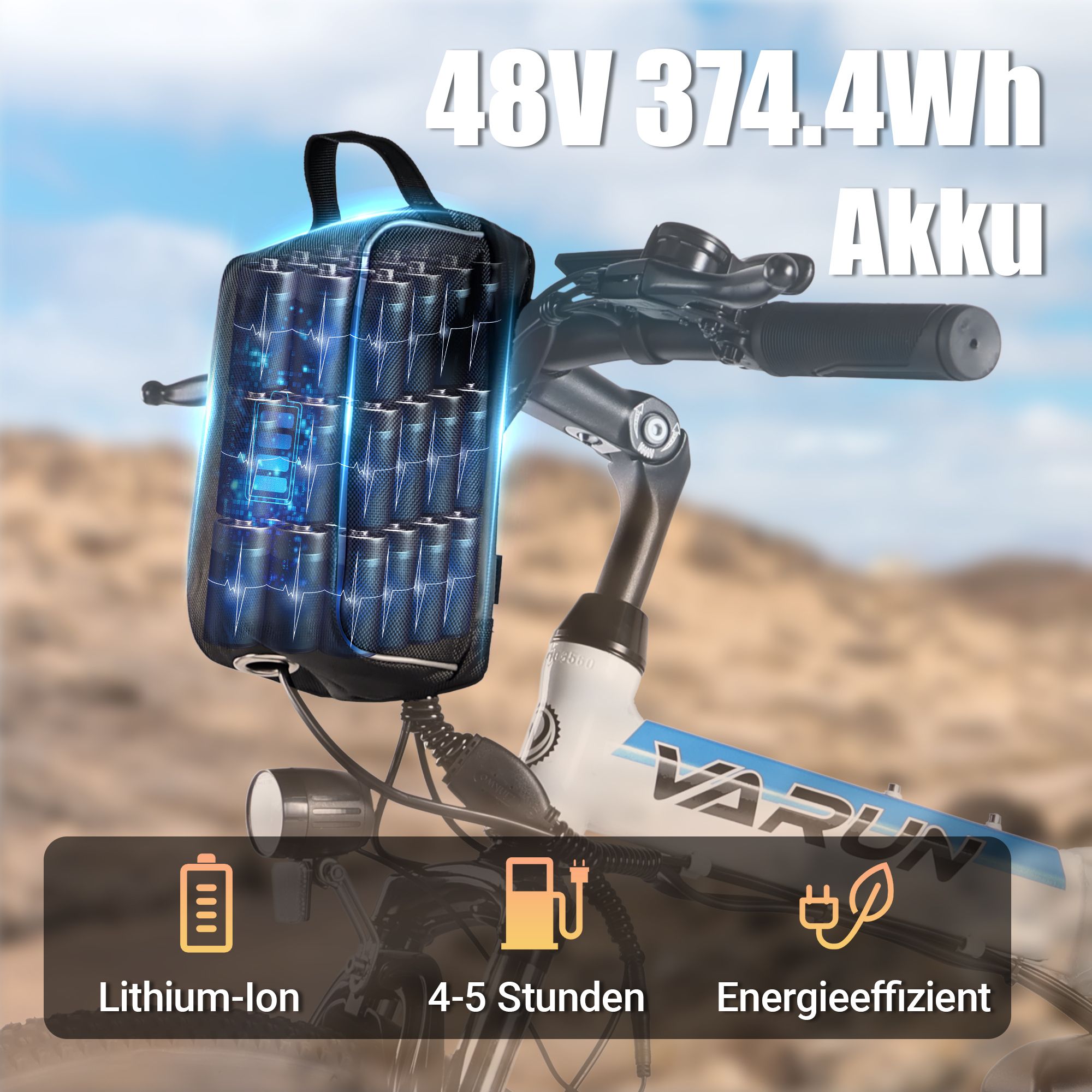 Batteria e-bike 48V 374,4Wh. Batteria agli ioni di litio, ricarica 4-5 ore, efficiente.