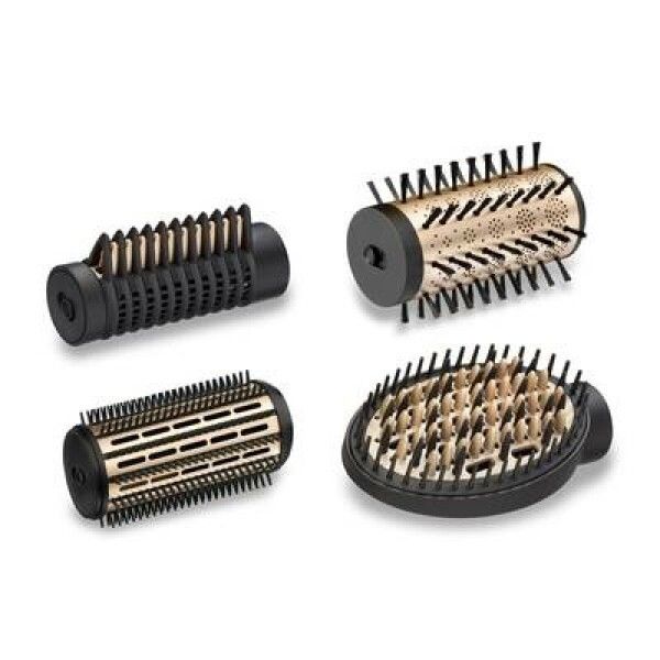 Quattro accessori per styling per capelli. Nero e oro. Spazzola rotonda, spazzola piatta e altri due accessori.