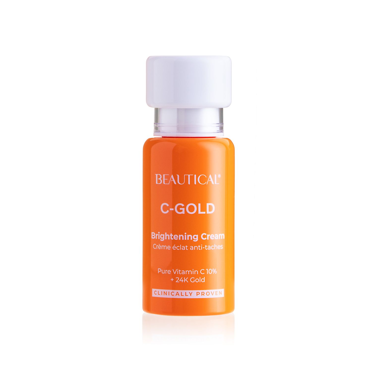 Flacone arancione con tappo bianco. Scritta: BEAUTICAL C-GOLD Brightening Cream.
