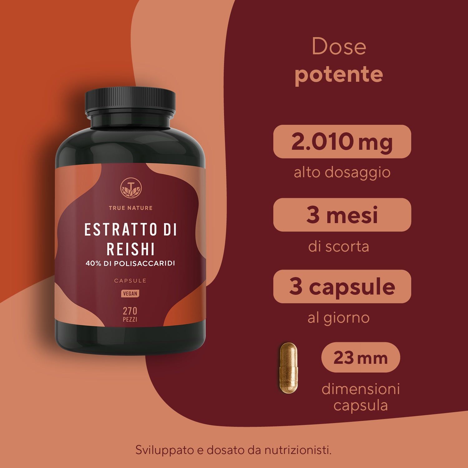 Flacone marrone con capsule. Testo: Estratto di Reishi, 40% di polisaccaridi, 270 pezzi, vegano. 3 capsule al giorno, 23 mm.