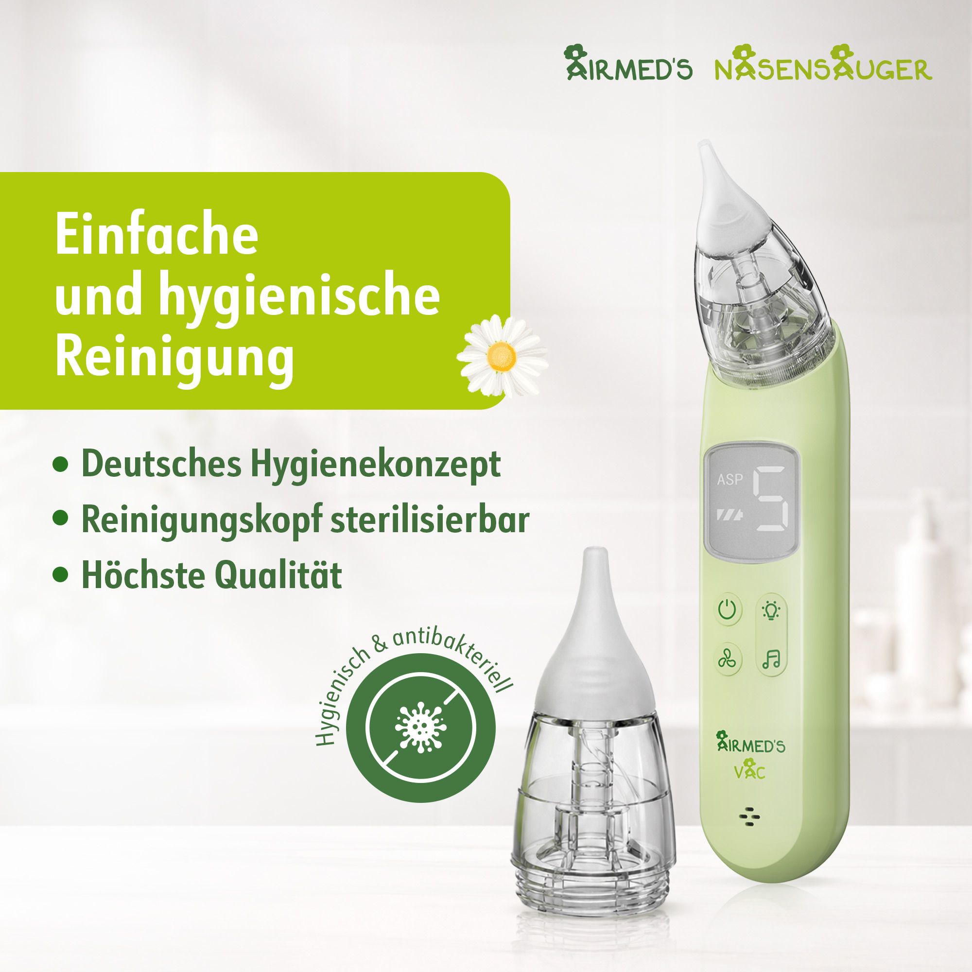 Aspiratore nasale verde con contenitore di pulizia rimovibile. Igienico e antibatterico.