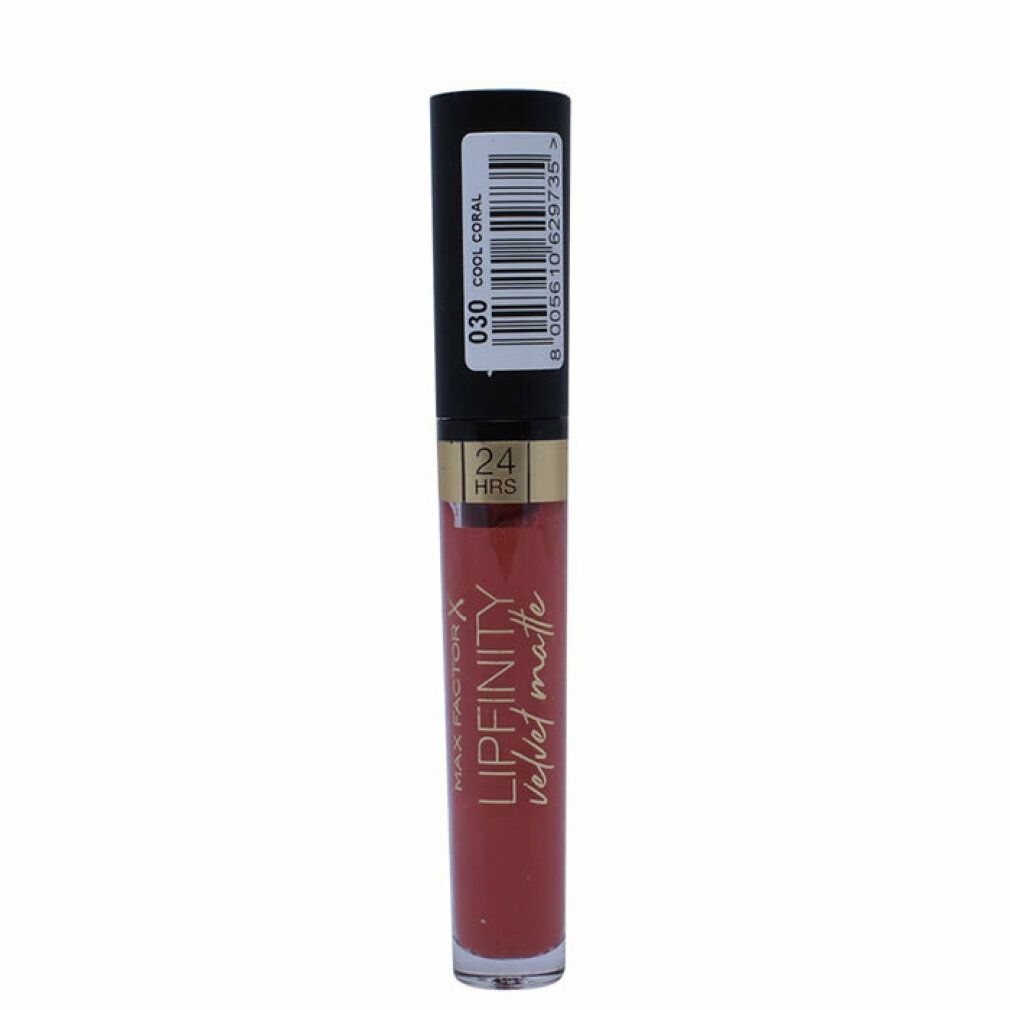 Rossetto Max Factor Lipfinity Velvet Matte 030 Cool Coral. Tonalità rossa. Tappo nero. Scritta: 24 HRS.
