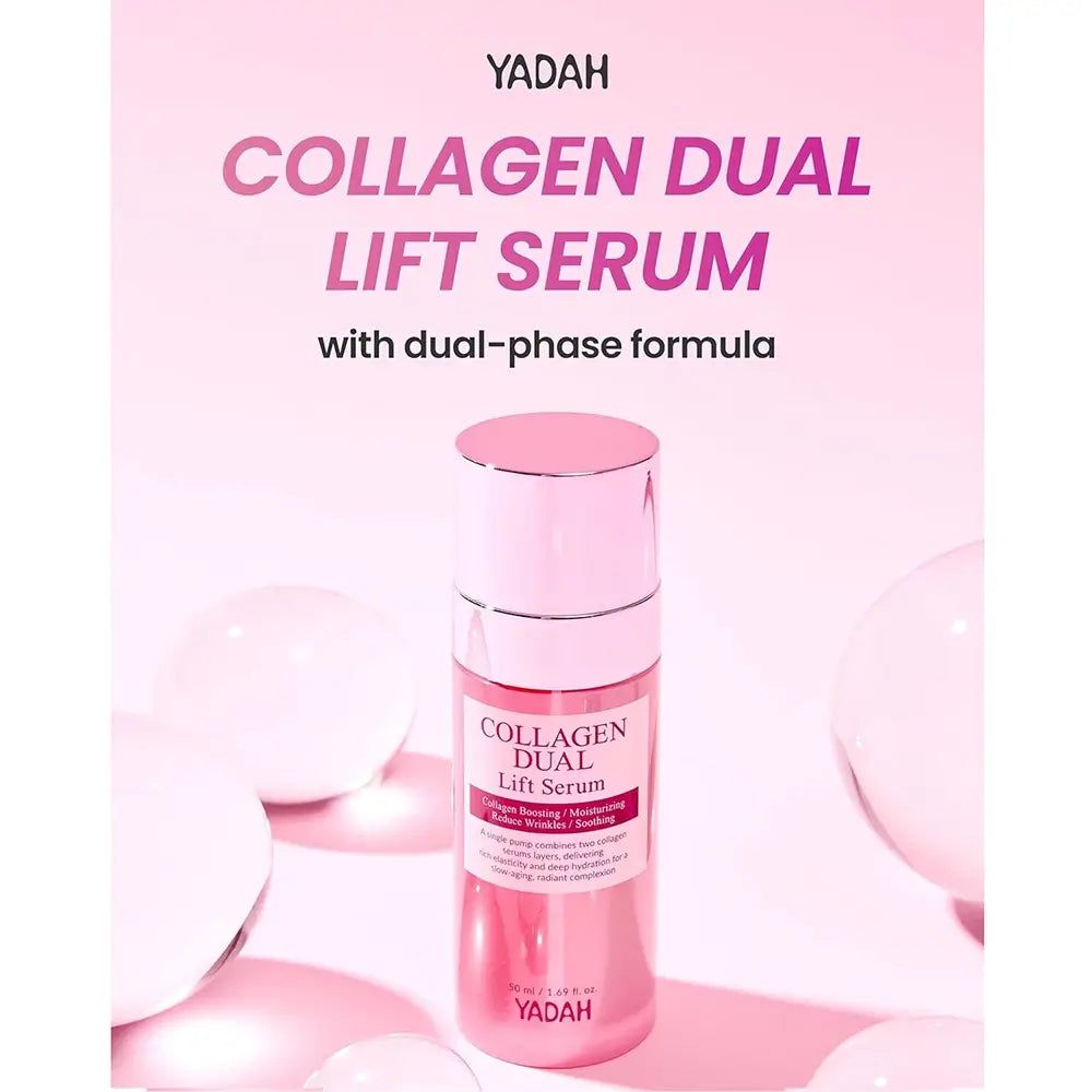 Flacone YADAH Collagen Dual Lift Sérum con sfere decorative.