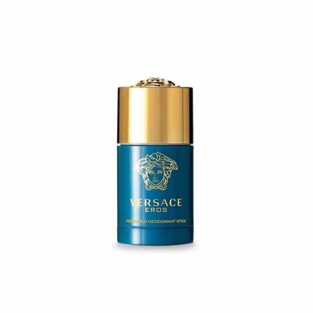 Stick deodorante blu con tappo dorato. Scritta VERSACE EROS. Logo Medusa dorato. Testo: PERFUMED DEODORANT STICK.