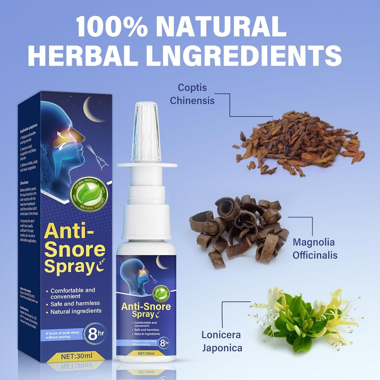 Spray nasale, confezione ed erbe. Scritta: Anti-Snore Spray. Erbe: Coptis Chinensis, Magnolia Officinalis, Lonicera Japonica.