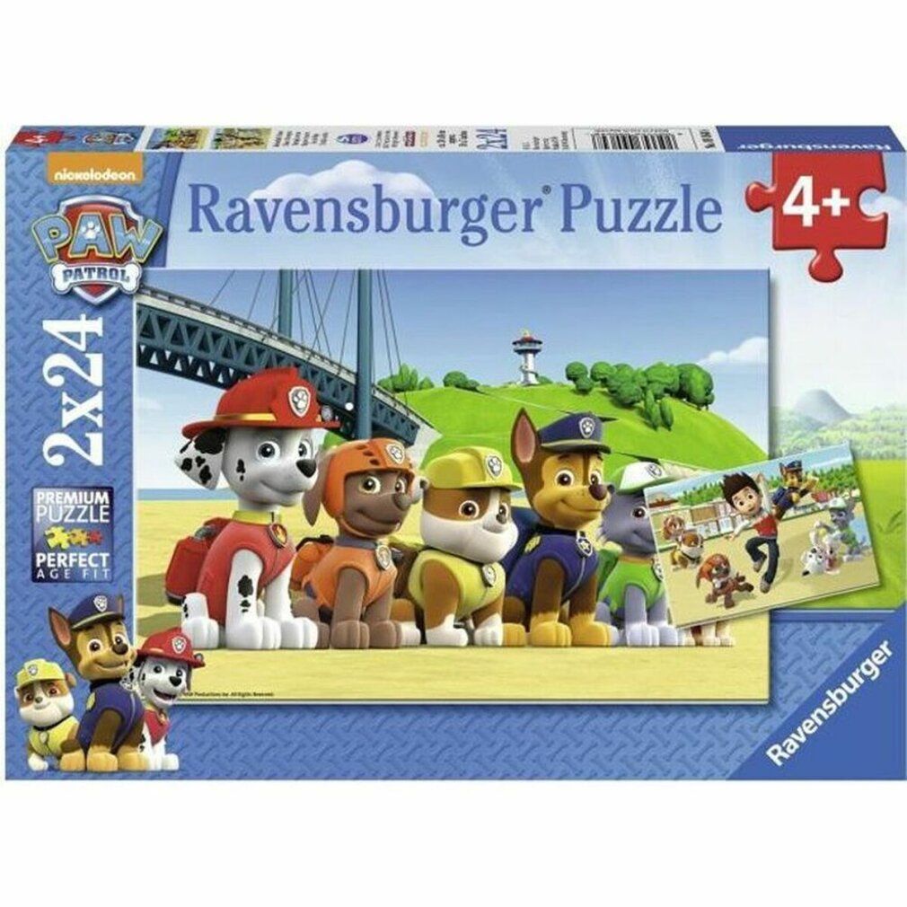 Scatola puzzle Paw Patrol. Stampa: 2x24 pezzi, Ravensburger Puzzle, 4+. I personaggi di Paw Patrol sono raffigurati davanti a un paesaggio.