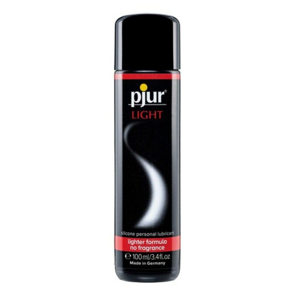 Flacone nero con etichetta rossa e gialla. Scritta: pjur LIGHT, lubrificante personale a base di silicone, senza profumo. Prodotto in Germania.
