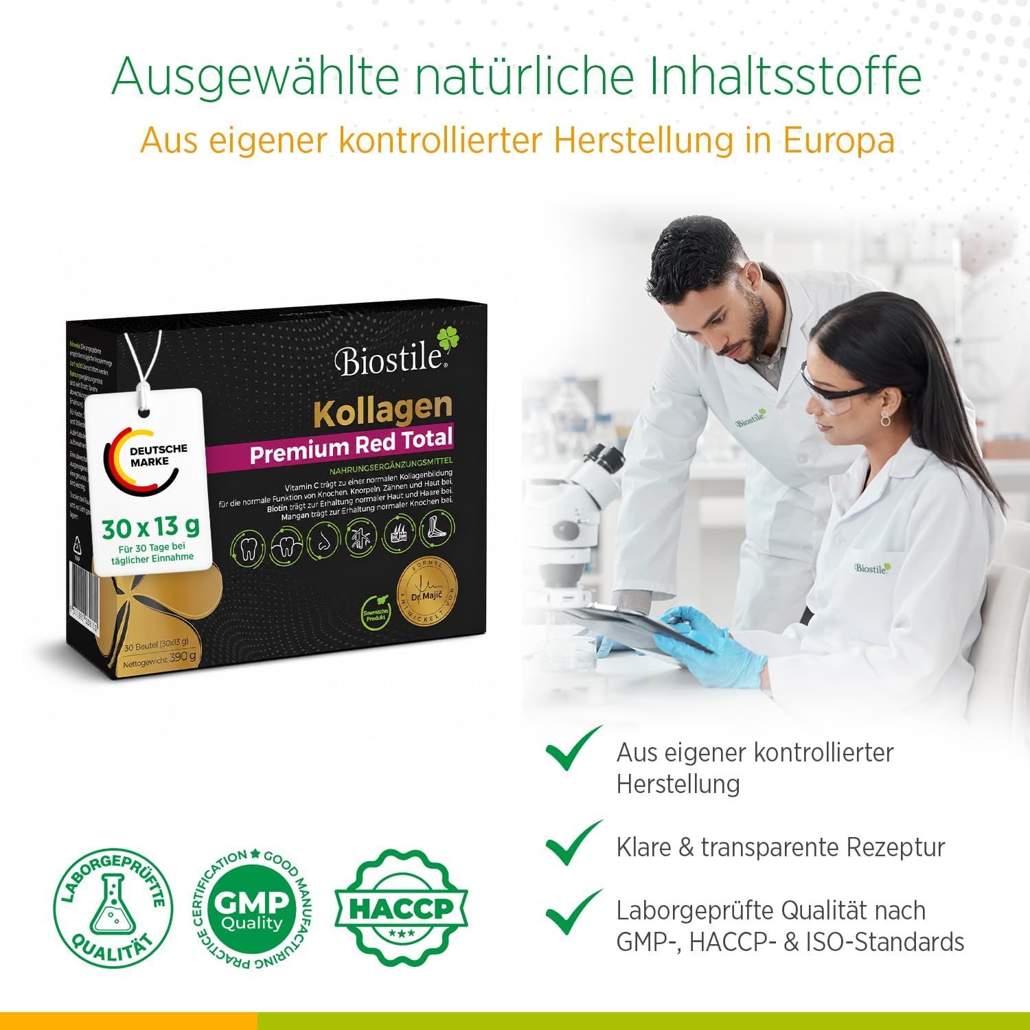 Confezione Biostile Collagen Premium Red Total, tecnici di laboratorio, certificati di qualità.