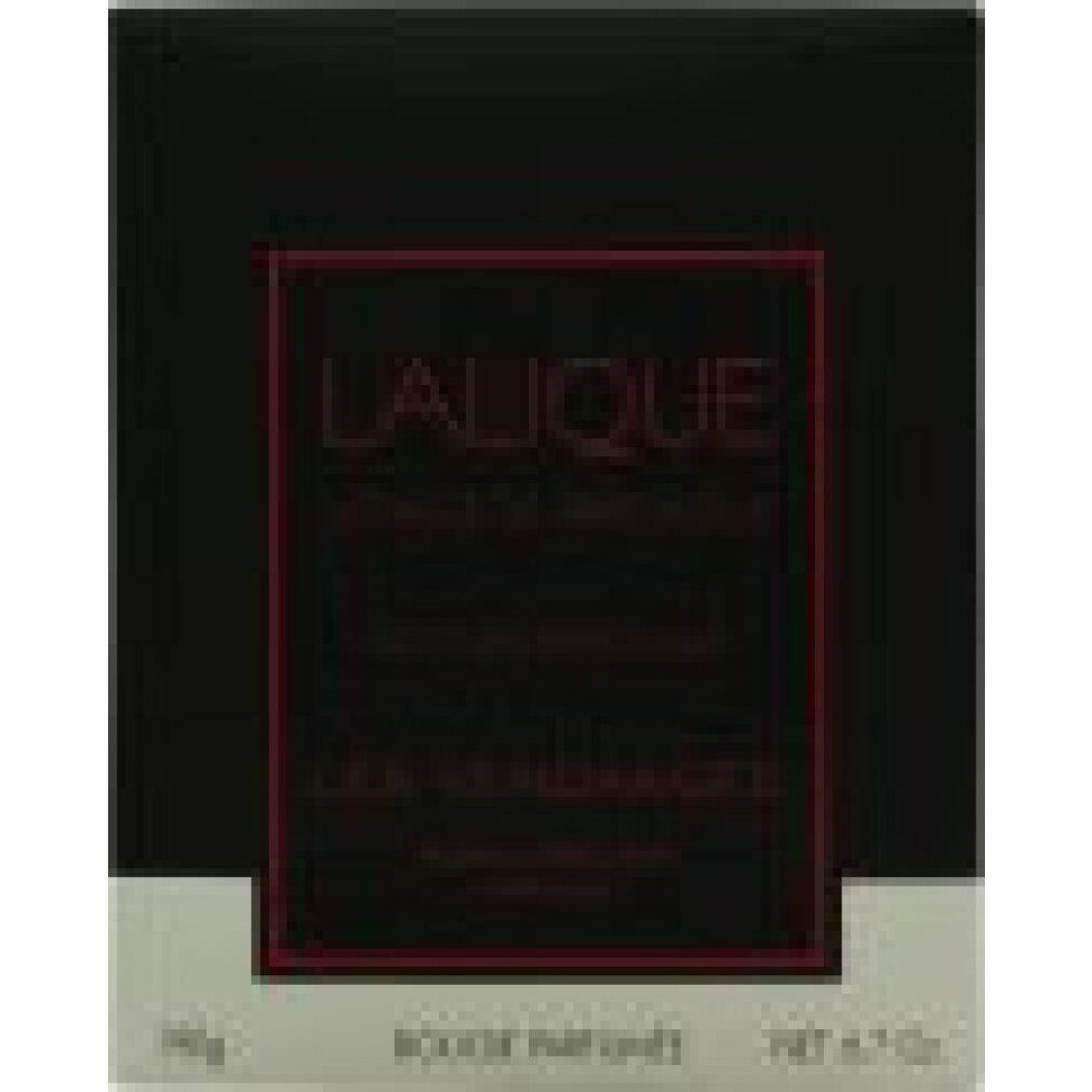 Primo piano della confezione nera con cornice rossa e testo. Marchio: Lalique. In basso: 190g, Rouge Parfume, NET 6.7 OZ.