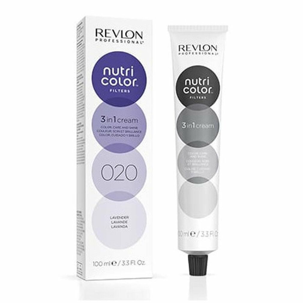 Confezione e tubo Revlon Nutri Color Filters. Confezione: cerchi viola, testo. Tubo: nero, bianco, testo.