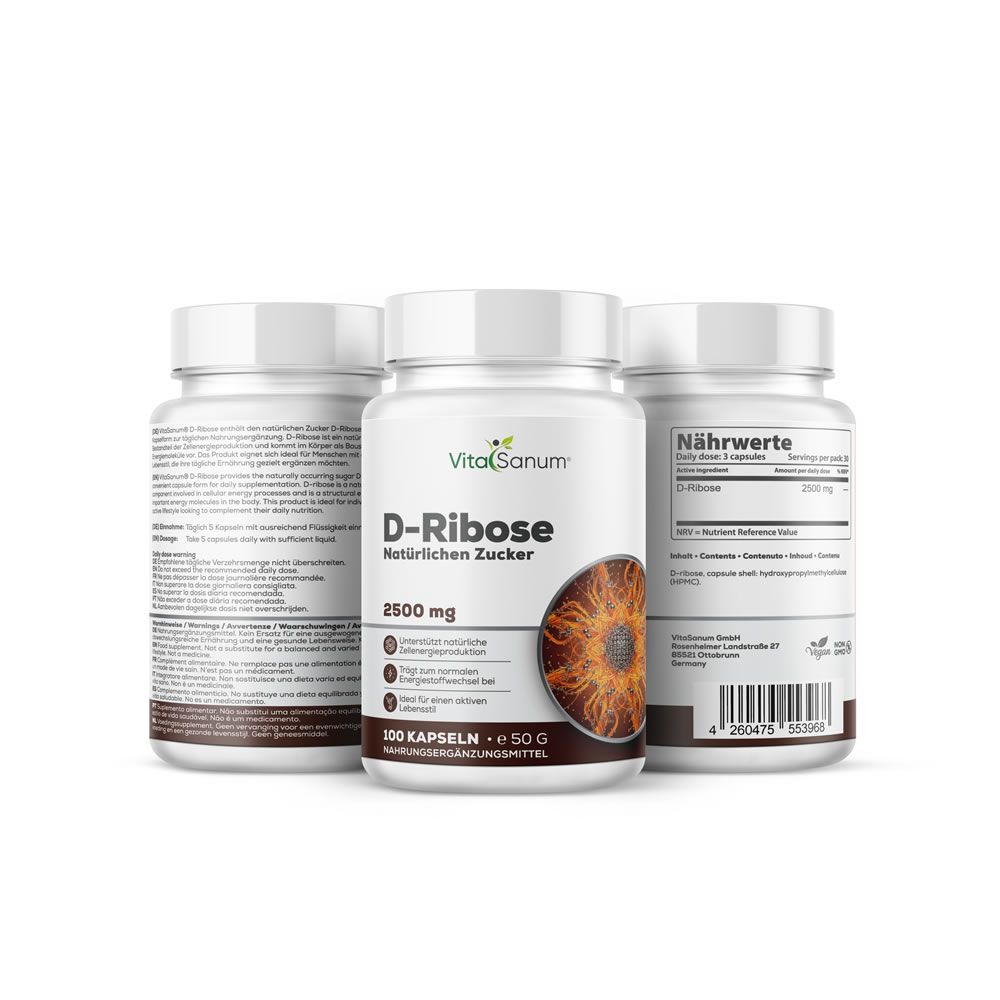Tre flaconi VitaSanum D-Ribose. Scritta: 2500 mg, 100 capsule, 50 g. Immagine di un cerchio marrone. Testo sul retro.