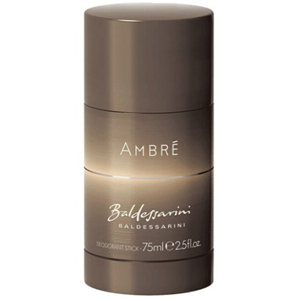 Stick deodorante. Marrone dorato. Scritta AMBRÉ, Baldessarini. 75ml/2.5 fl.oz. Forma cilindrica.