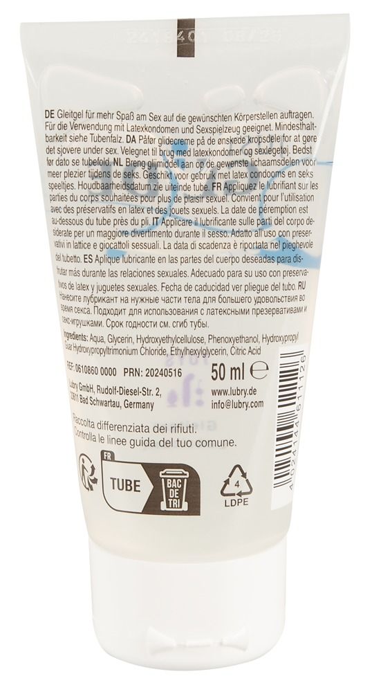 Retro di un tubo di lubrificante Just Glide con ingredienti e indicazione 50 ml.
