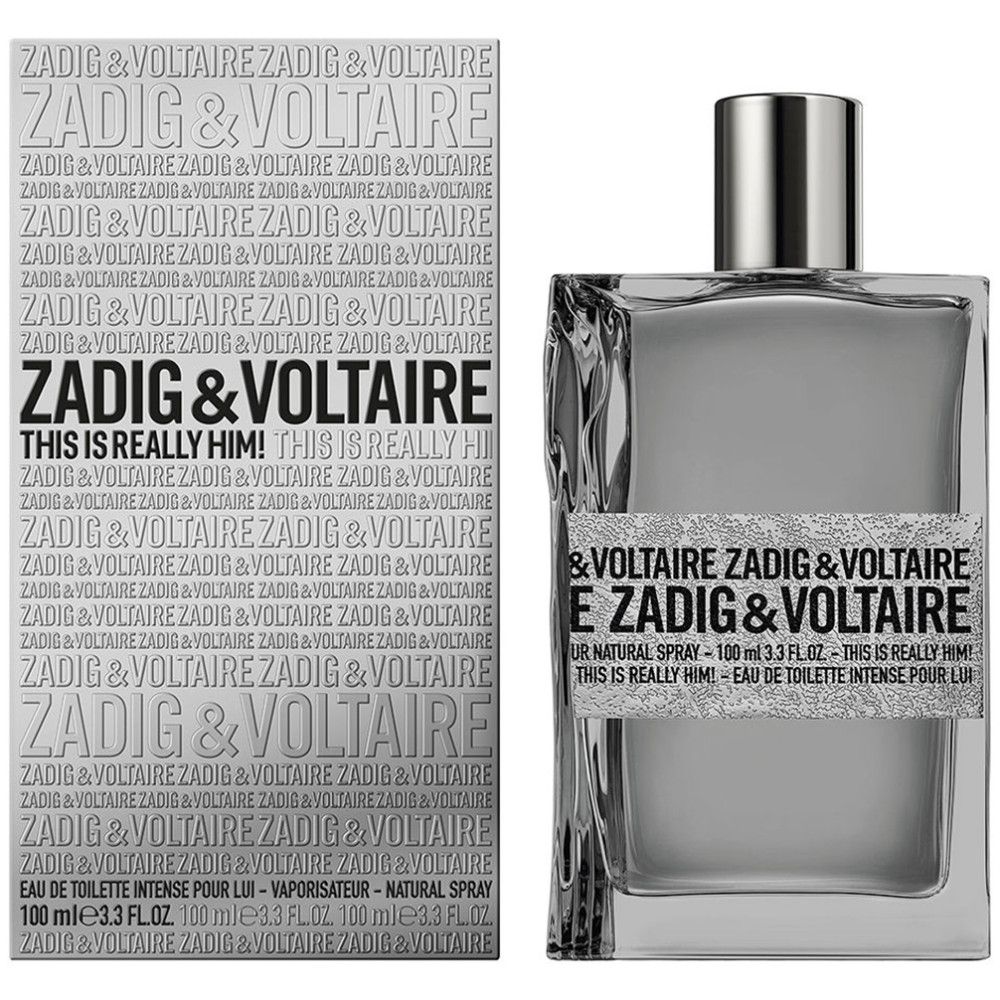 Flacone e confezione rettangolari grigi. Scritta: ZADIG & VOLTAIRE THIS IS REALLY HIM! Eau de Toilette.