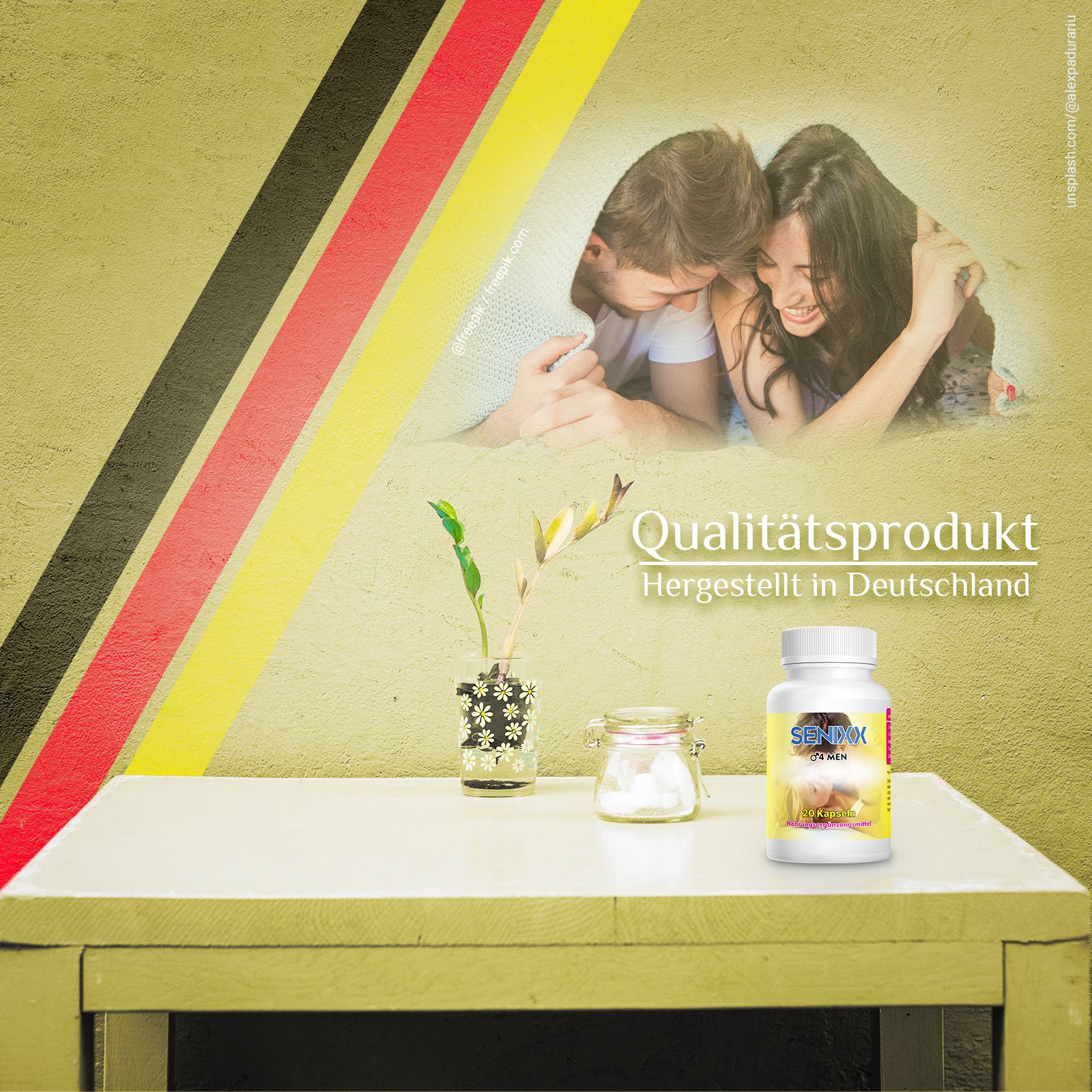 Flacone bianco SENIXX 4 MEN. Testo: Prodotto di qualità, Prodotto in Germania. Immagine: coppia. Tavolo con decorazioni.
