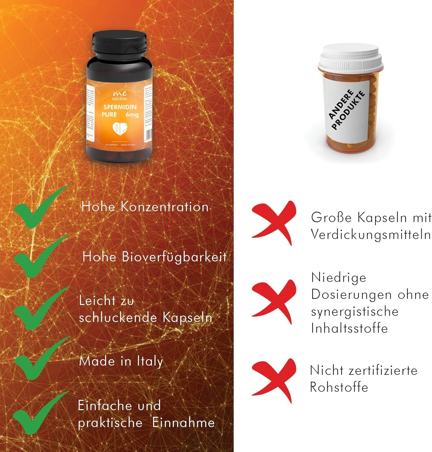Flacone con capsule. Vantaggi: alta concentrazione, alta biodisponibilità, capsule facili da deglutire, Made in Italy, assunzione facile.