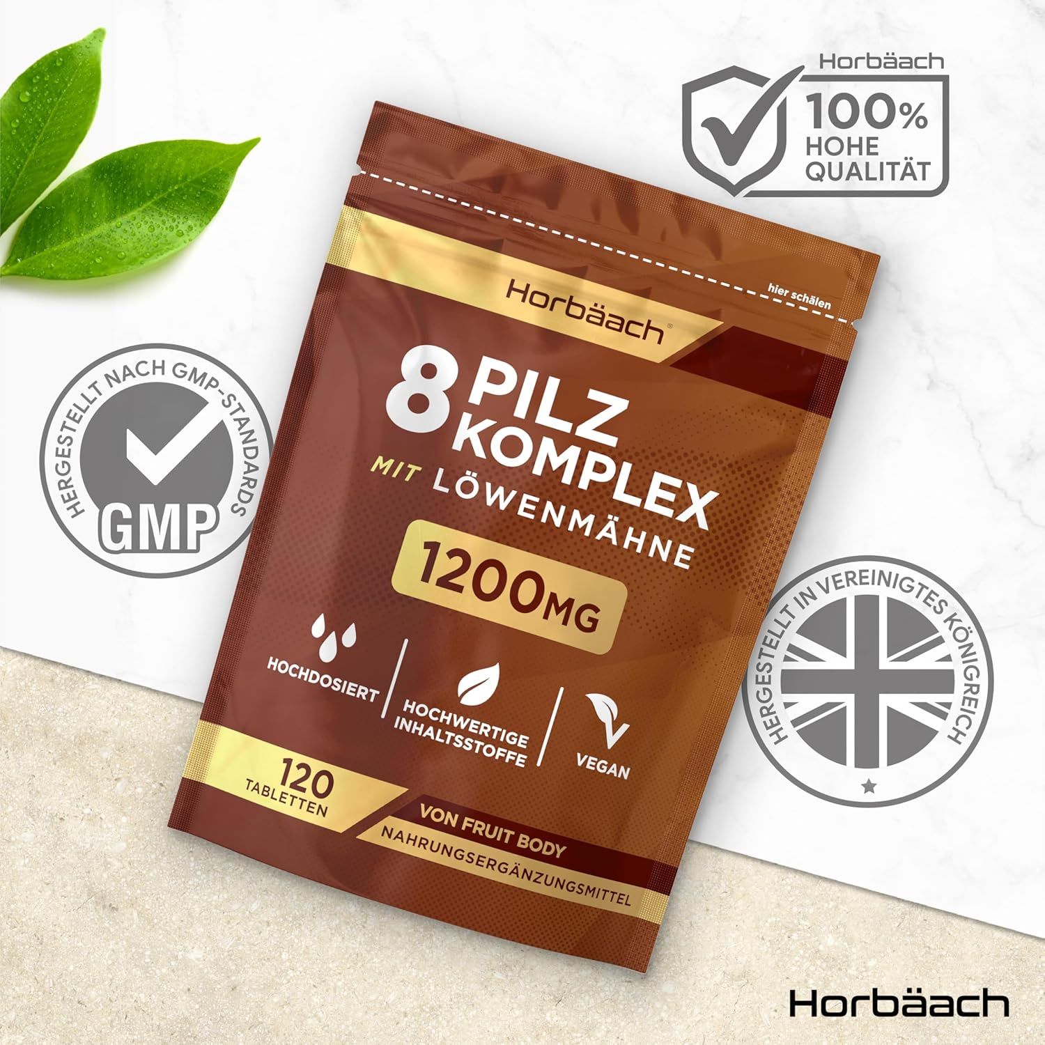 Busta marrone Horbaach 8 Pilz Komplex. 120 compresse, 1200mg. Certificato GMP, alta qualità, prodotto nel Regno Unito.