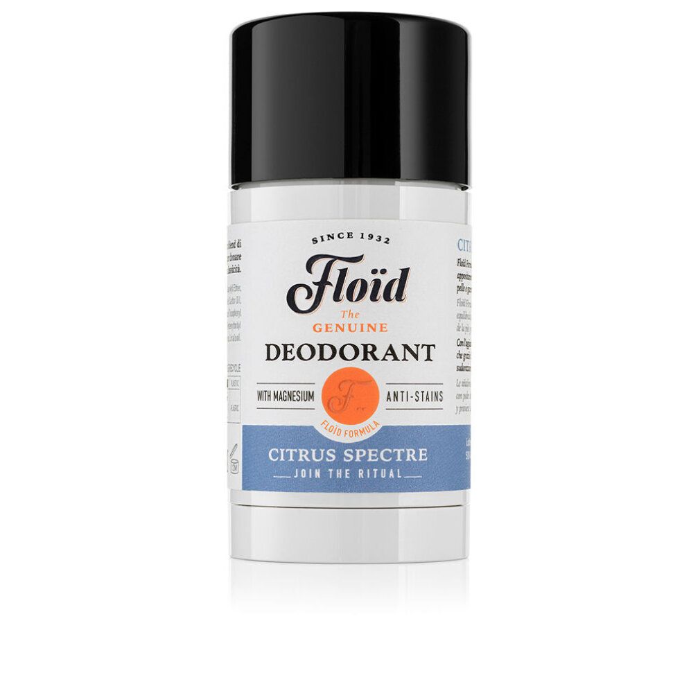 Stick deodorante cilindrico con tappo nero. Scritta: Floïd, The Genuine Deodorant, Citrus Spectre.