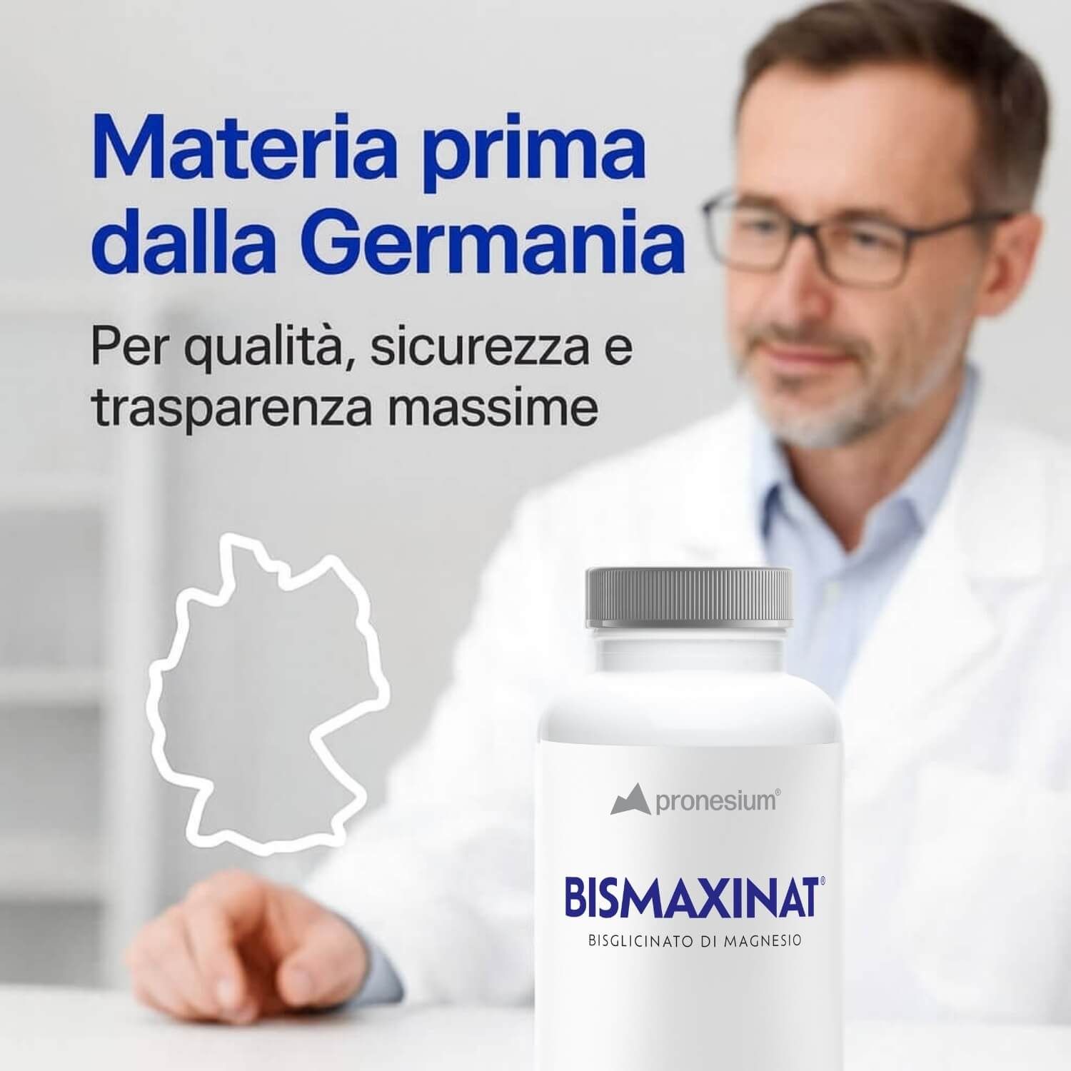 Uomo con camice bianco. Flacone BISMAXINAT. Testo: Materia prima dalla Germania.