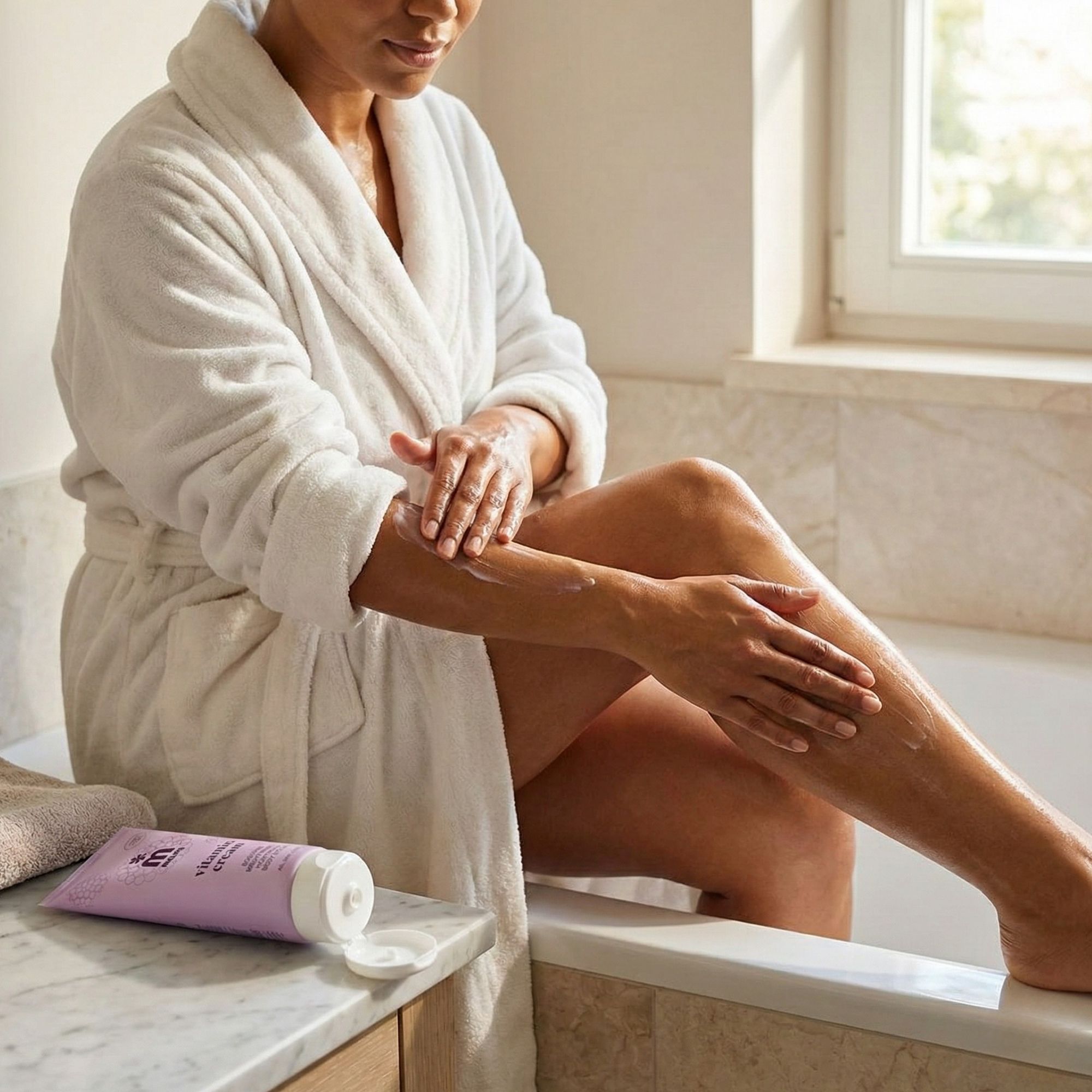 Donna in accappatoio applica crema sulla gamba. Accanto, un tubetto di Melem Vitamin Cream con tappo aperto.