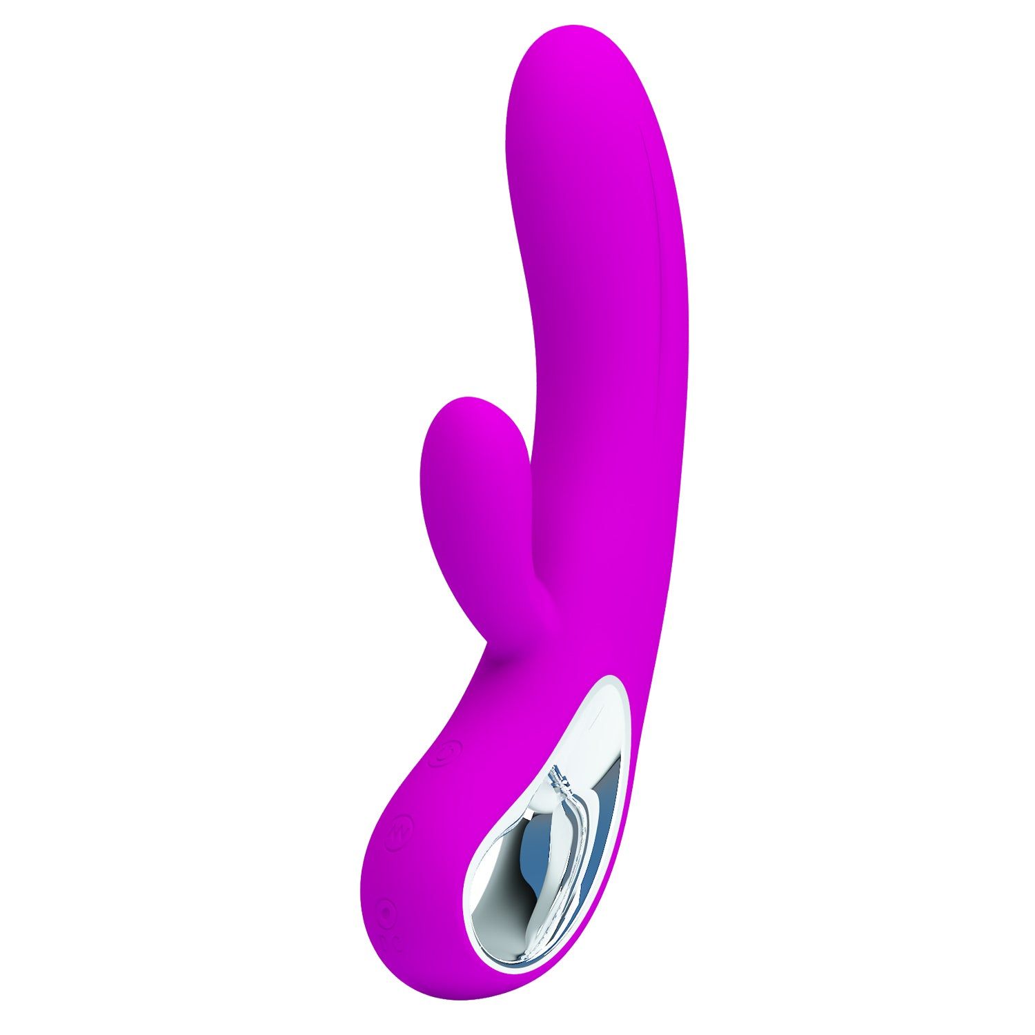 Vibratore viola a forma di U con sporgenza. Dettagli argentati. Sfondo bianco.