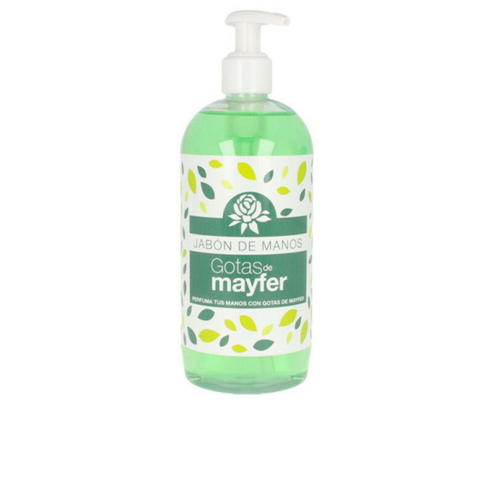 Flacone di sapone liquido verde con dispenser bianco. Scritta: Gotas de mayfer, Jabón de Manos.
