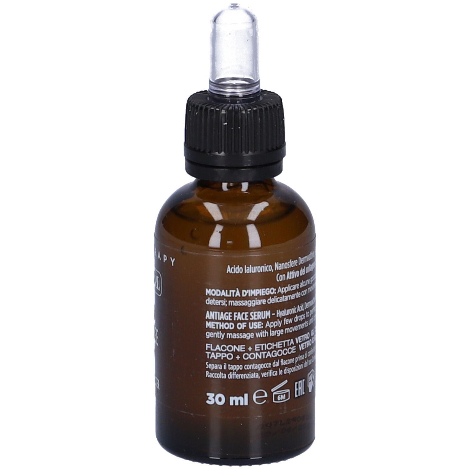 Flacone di vetro marrone con tappo nero e pipetta. Testo in italiano, modalità d'uso.