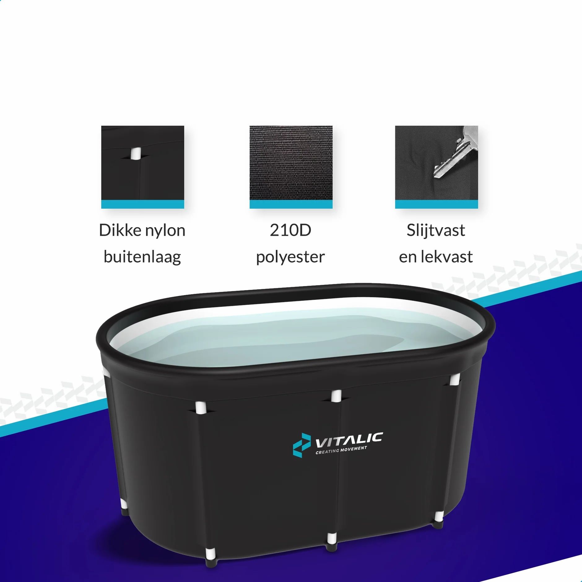 Vaschetta da bagno ovale nera con acqua. Logo VITALIC. Testo: Strato esterno in nylon spesso, poliestere 210D, resistente.