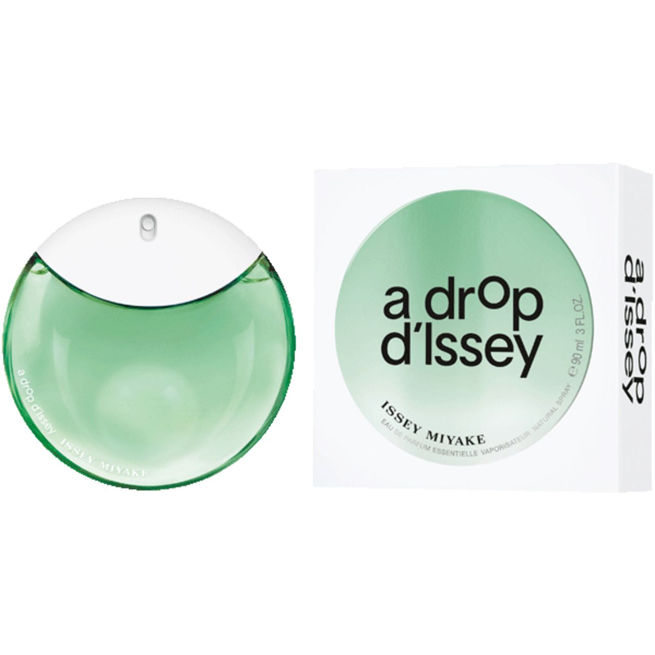 Flacone rotondo con liquido verde e tappo bianco. Scritta: a drop d'Issey, ISSEY MIYAKE.